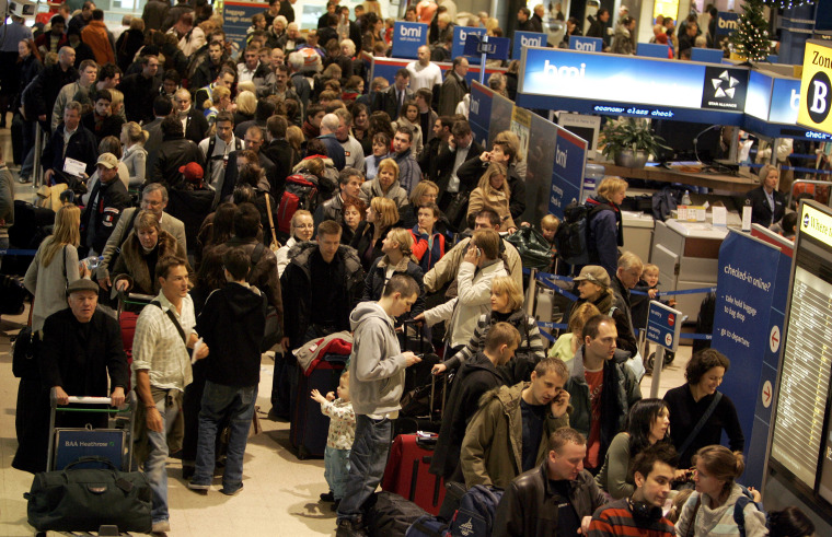 Traveling between 10 a.m. and 10:59 a.m.? Even though this is among the best times to fly, you're taking a chance the later in the morning you leave. Here, passengers line up in Terminal one at Heathrow Airport.